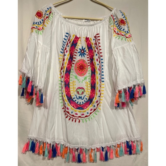 Miss Charm Paris Tops - Embroidered Tassel Tunic Top White Boho Bell Sleeve Size S/M Miss Charm Paris